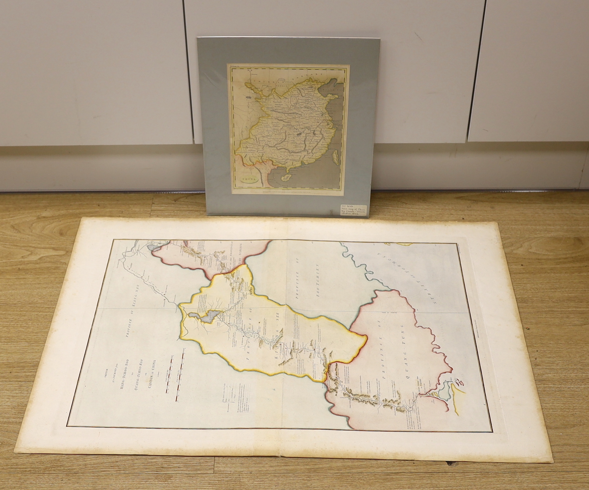 Two maps of China comprising, J. Barrow, Sketch of a Journey from Hang-Tchoo-Foo to Quang-Tchoo-Foo or Canton in China, pub. George Nicol, 1796, hand coloured engraved map, unframed and Cadell & Davies, China, publ. Marc